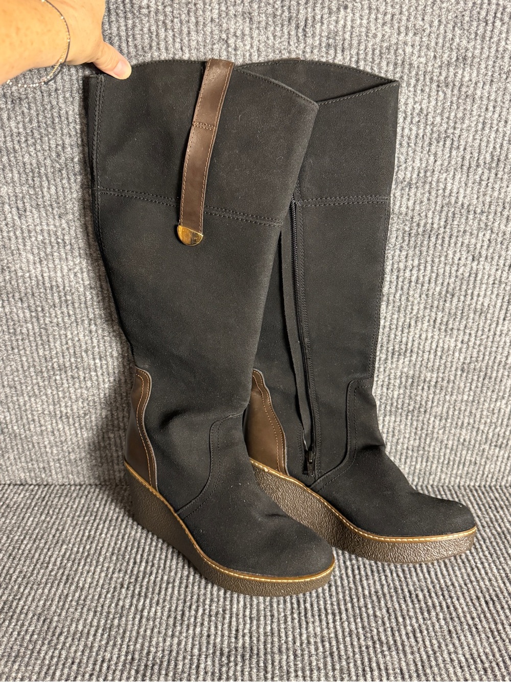 Route 66 Black Suede Knee High Wedge Boots Brown Trim Size 9